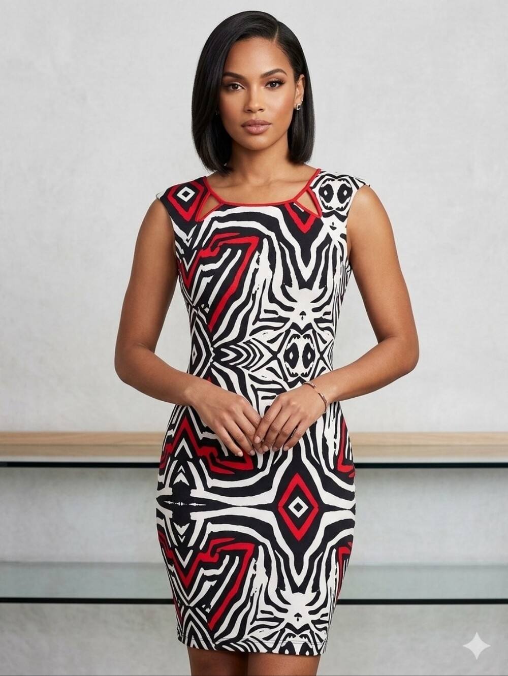 241h  JAX Geometric Abstract Print Sheath Cocktail Dress Red Black White Size 8